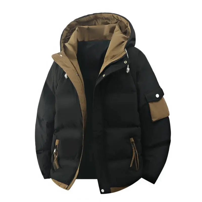 Men's winter hooded puffer jacket with tan accents, black body, warm down coat
