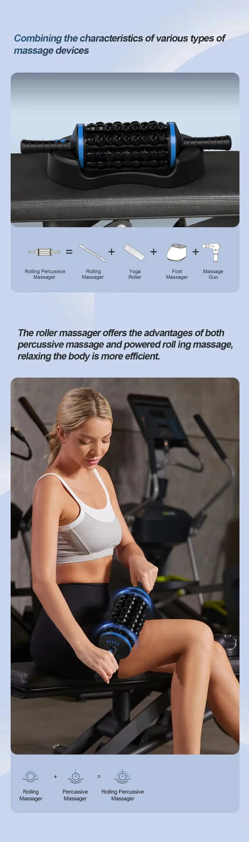 Cordless roller body massager by Simples Market with blue ends, rechargeable percussive massager for back and legs