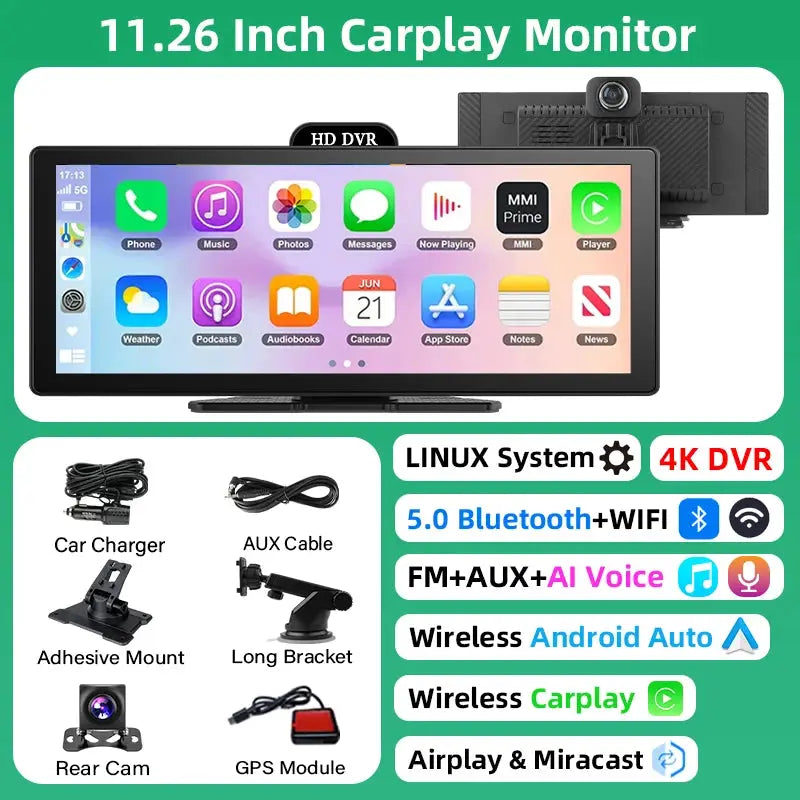 11.26 Inch 4K Dash Cam CarPlay Android Auto GPS Dual Lens Bluetooth