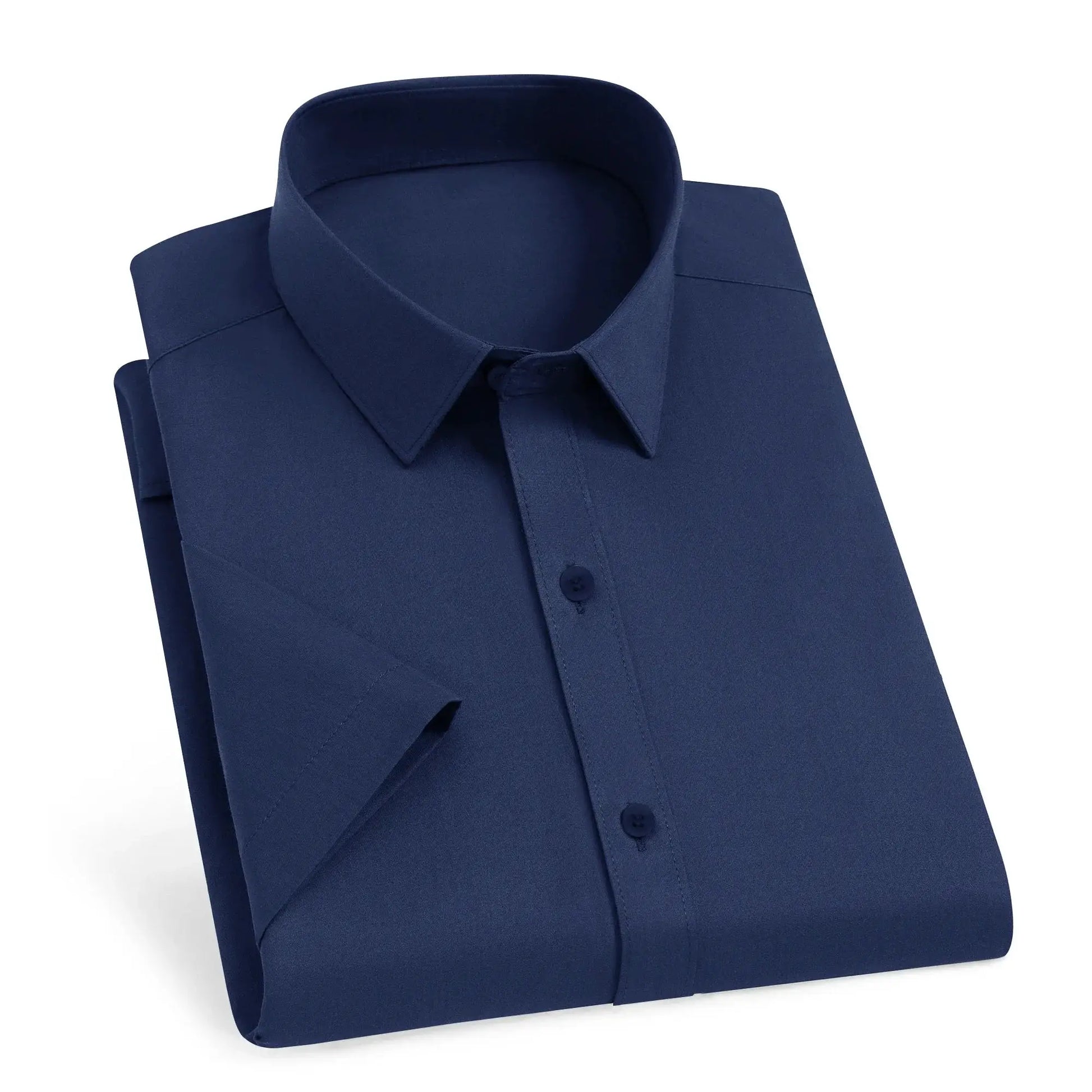 Men's navy blue dress shirt with spread collar and button placket