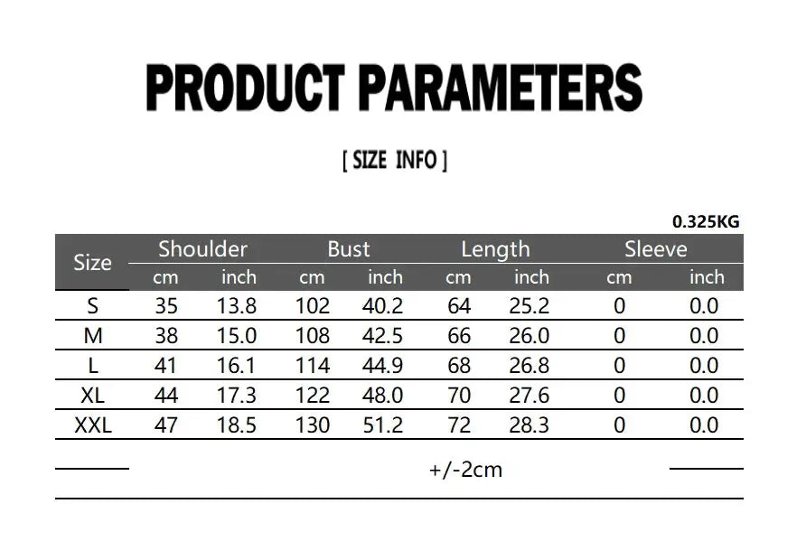 Men's retro lapel chain vest size chart with shoulder, bust, length and sleeve measurements (S–XXL)