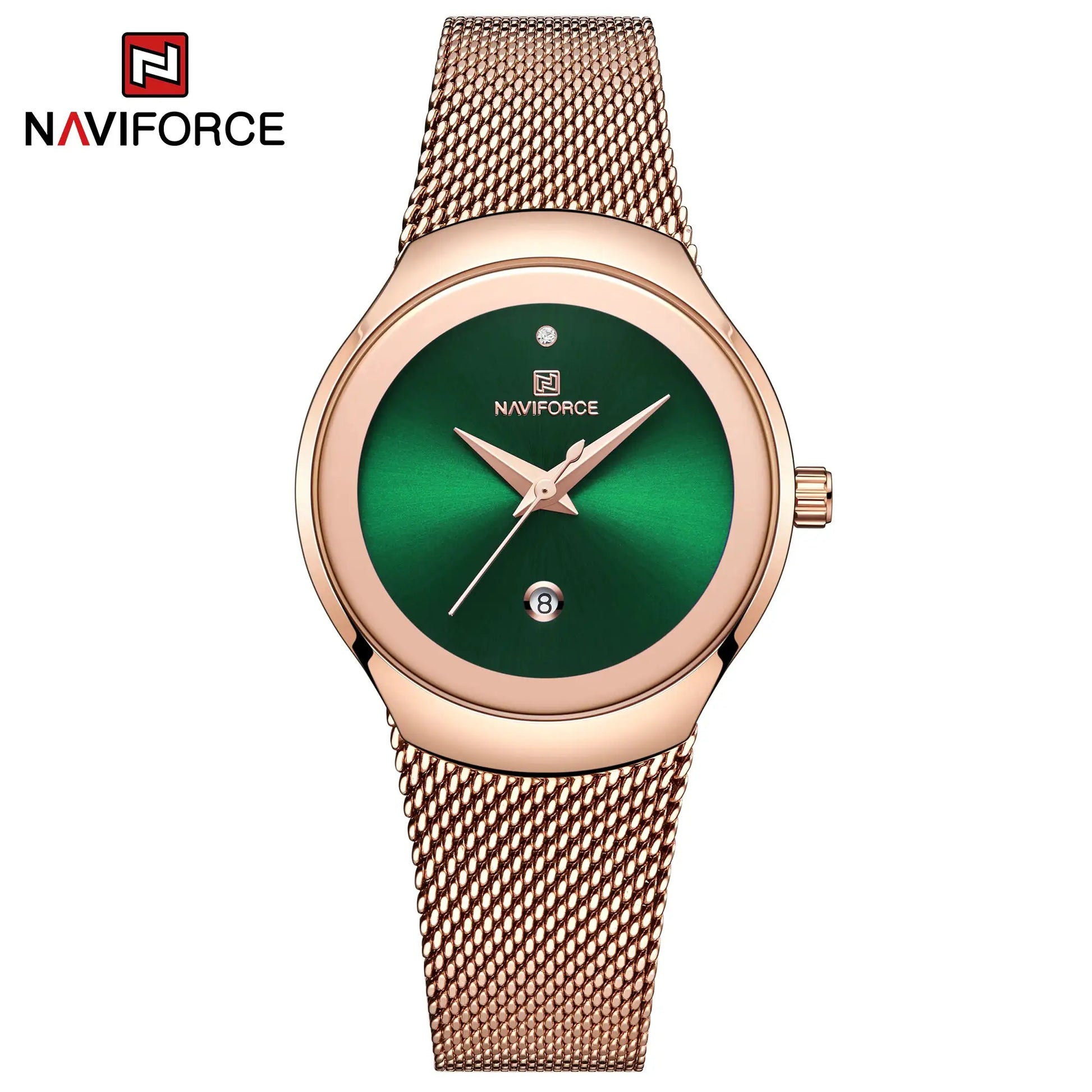 Naviforce women's quartz watch with rose-gold mesh strap and green dial by Simples Market