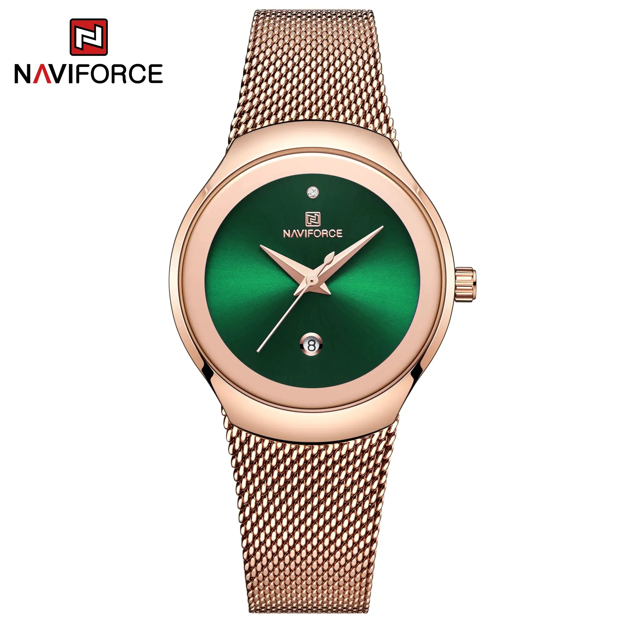 Naviforce women's quartz watch with rose-gold mesh strap and green dial by Simples Market