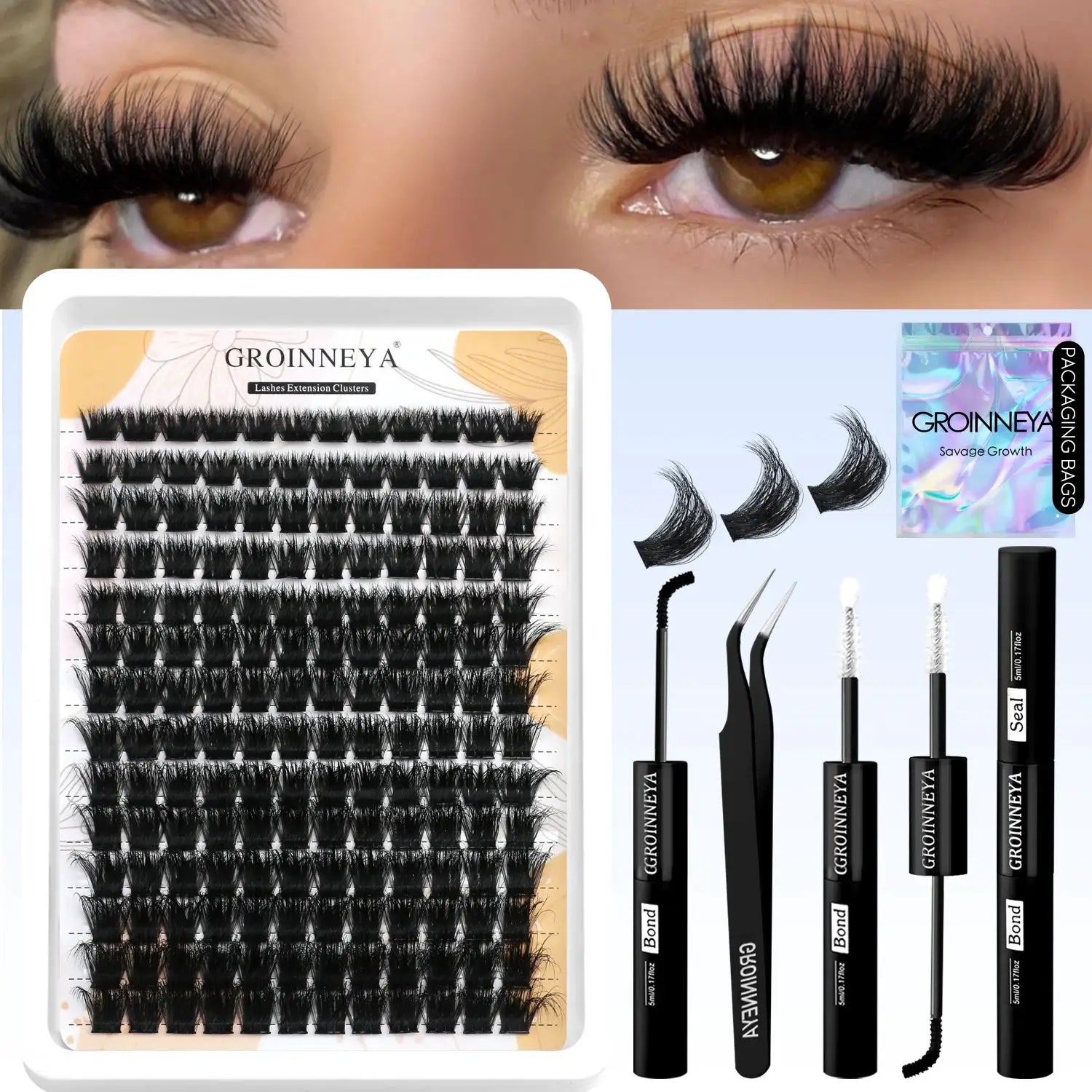 GROINNEYA Lash Clusters Kit Waterproof Strong Hold DIY Lash Extension Kit Bond And Seal Eyelash Tweezers Makeup