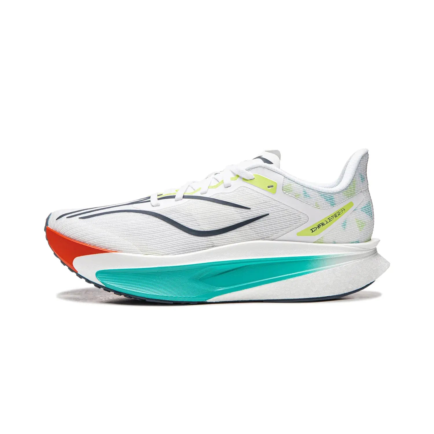 Li-Ning men's FEIDIAN 6 Challenger racing shoes; white mesh upper with neon lime accents and turquoise outsole