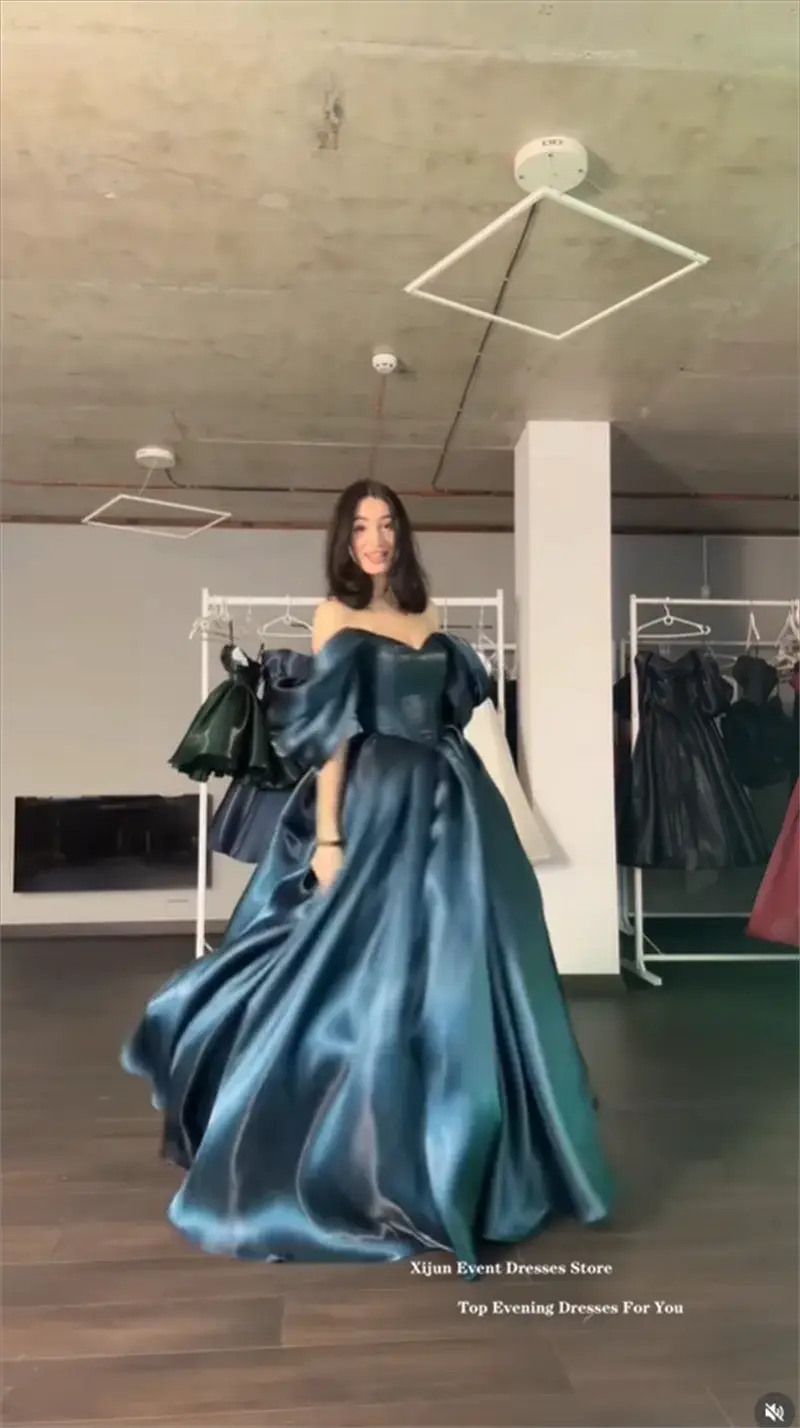 Xijun Turquoise Off Shoulder A Line Evening Gown Satin Prom Dress
