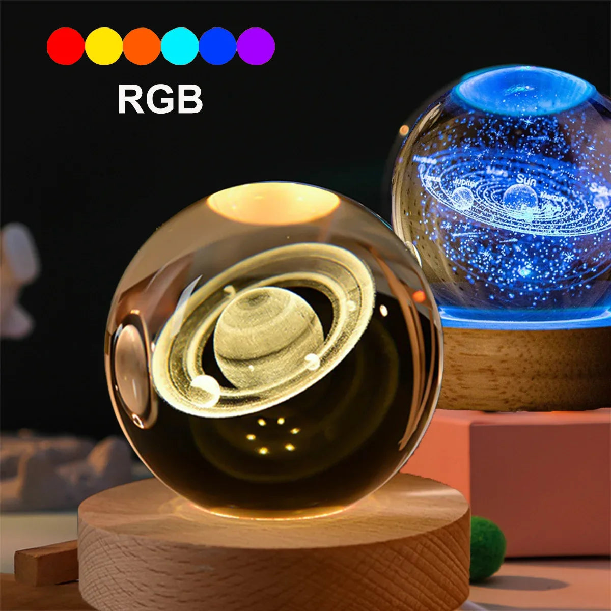 3D crystal ball night light with gold globe on wooden base and blue illuminated solar system globe (RGB lighting)