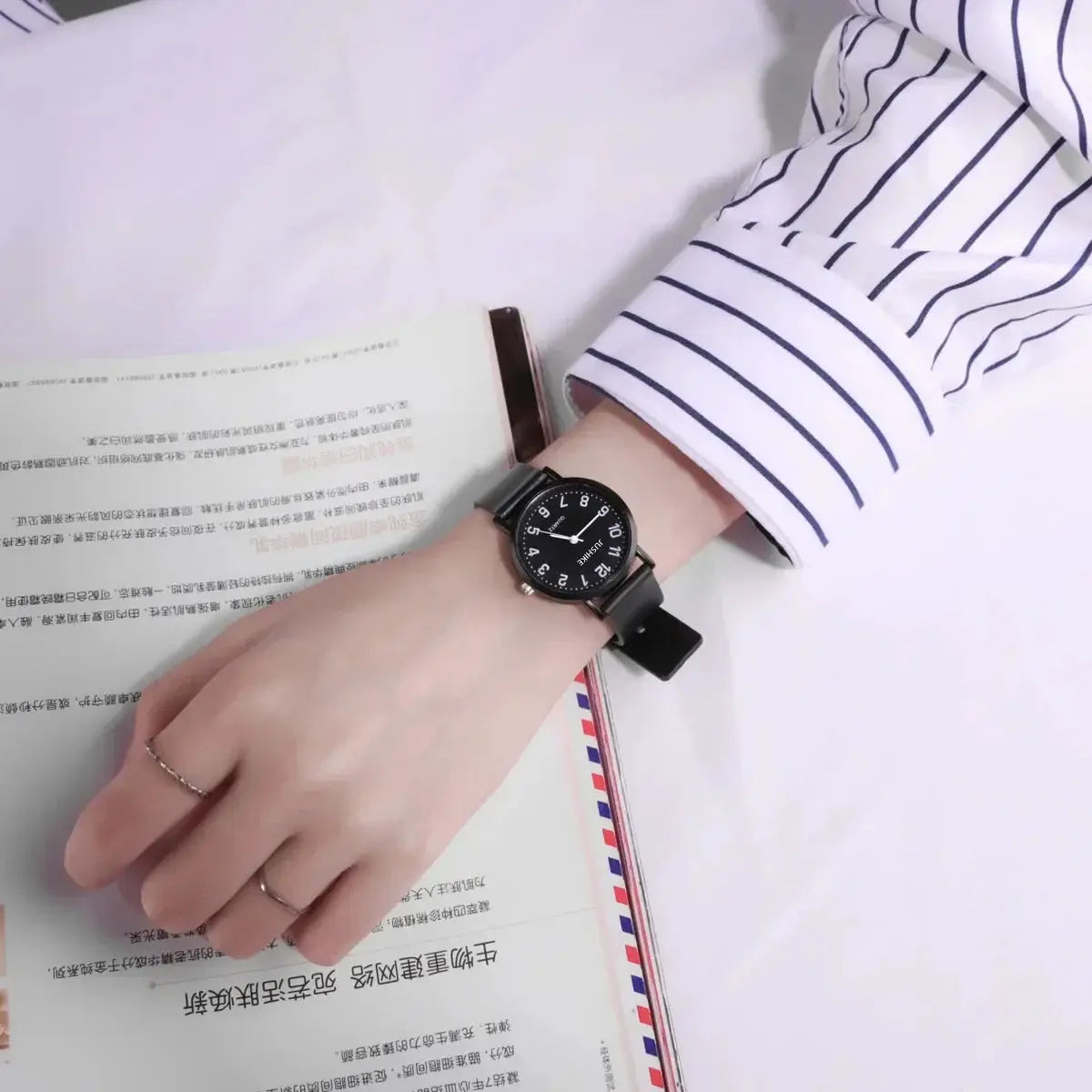 NovaTime Minimalist Black And White Women Quartz Watch With Vegan Leather Strap For Everyday Wear
