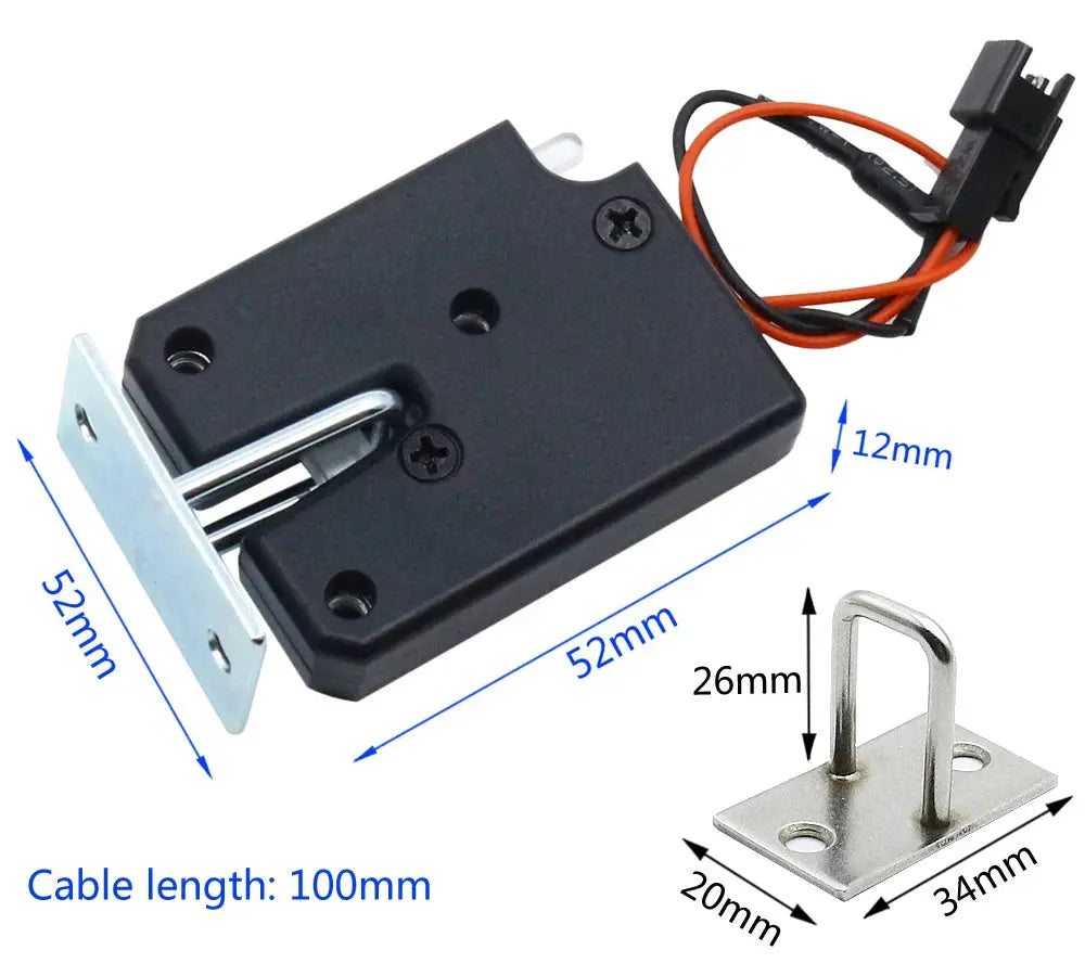Simples Market mini electric cabinet lock, black plastic housing, DC 3–12V, 100mm cable, strike plate