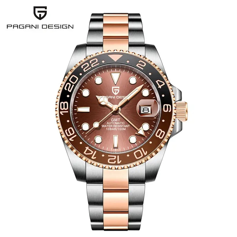 Pagani Design 40mm GMT watch, two-tone stainless steel with rose-gold center links, ceramic bezel, brown dial