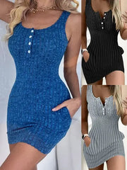 Button Front With Pocket Tank Dress Spring Summer Sleeveless Bodycon