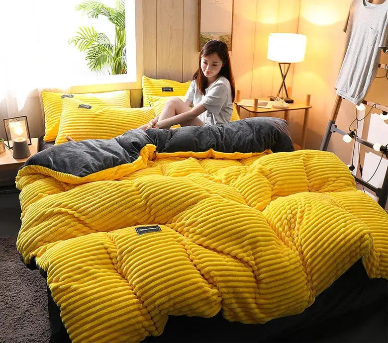 Simples Market 3pc duvet cover bedding set in yellow coral fleece with gray reverse, includes pillowcases