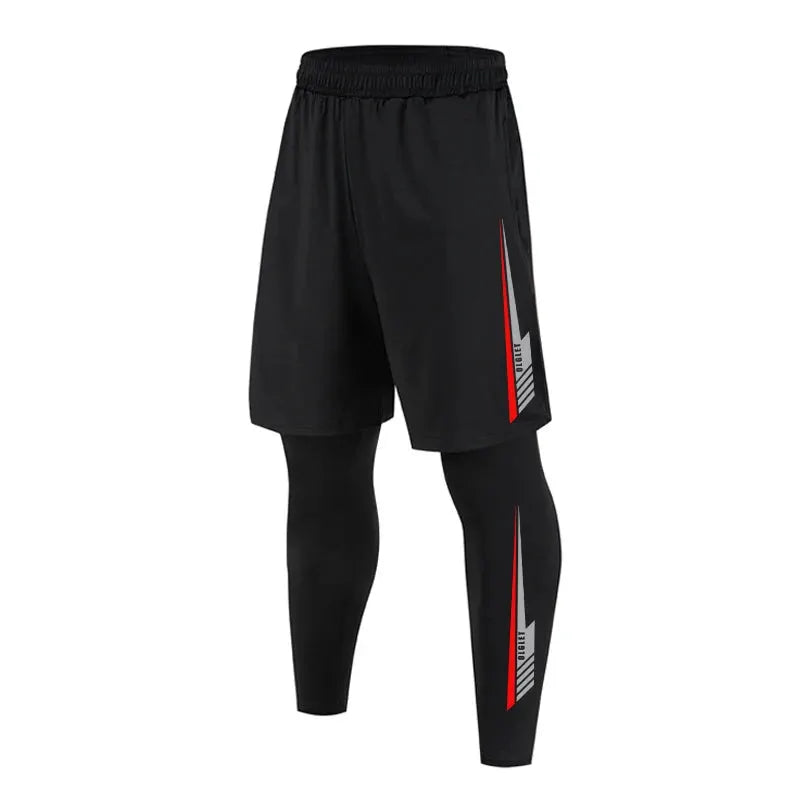 Men's 2-in-1 compression sport pants by Simples Market; black shorts over black tights with red/grey side panels