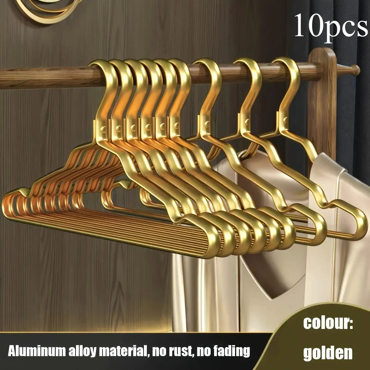 10-pack golden aluminum alloy clothes hangers on a wooden rod.