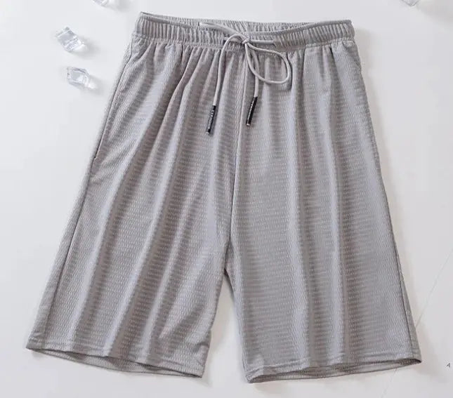 Men's gray mesh sports shorts with drawstring, quick-dry polyester for gym fitness