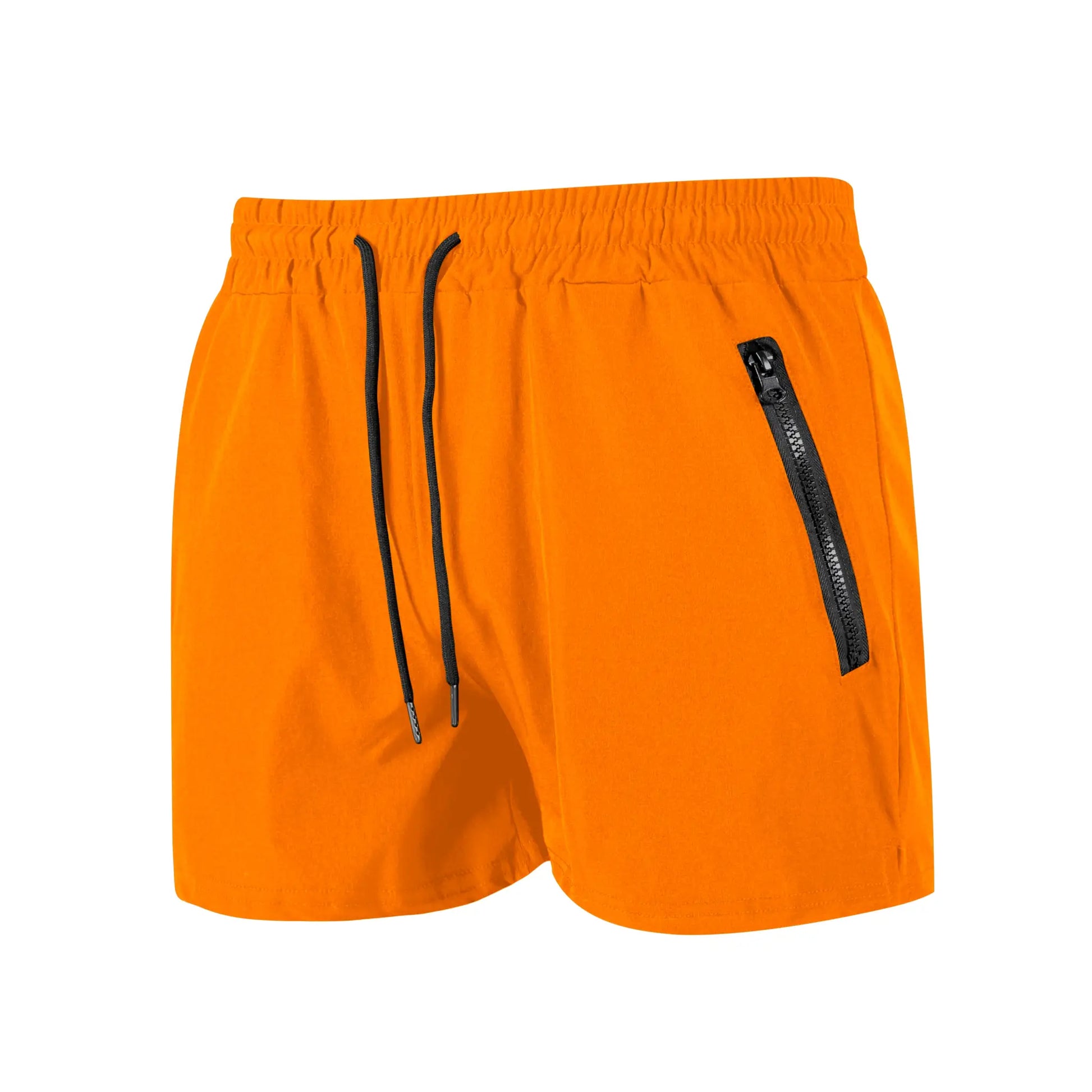 Orange men's swim shorts with black drawstrings and zip pocket.