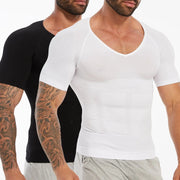 Men's short-sleeve compression T-shirt with tummy-control; white front and black version visible behind.