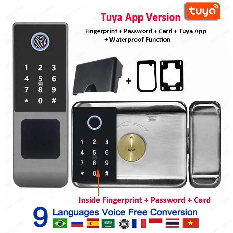 Smart door lock with fingerprint, keypad, RFID and Tuya WiFi by Simples Market for outdoor IP66 waterproof gate