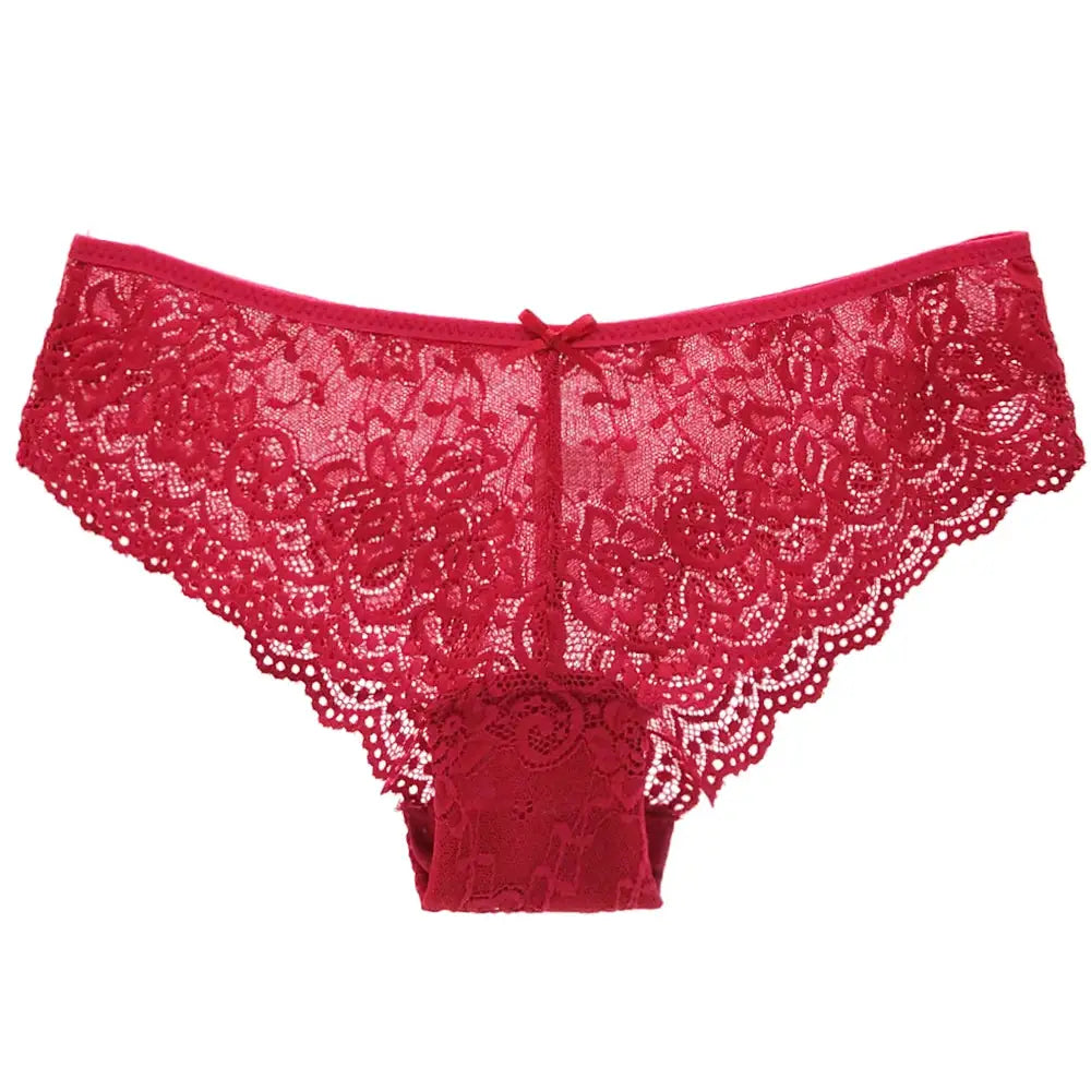 Women's red lace panties, low-rise silhouette with floral lace, sheer panels, and a tiny bow at front.