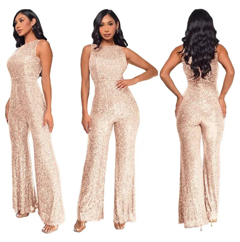 Sequin jumpsuit for women, rose gold, sleeveless high-waist with wide legs; shown in three angles.