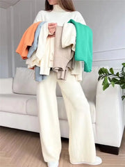 CozyNest Autumn Winter Two Piece Knitted Tracksuit Set With Turtleneck Sweater And Wide Leg Joggers For Women
