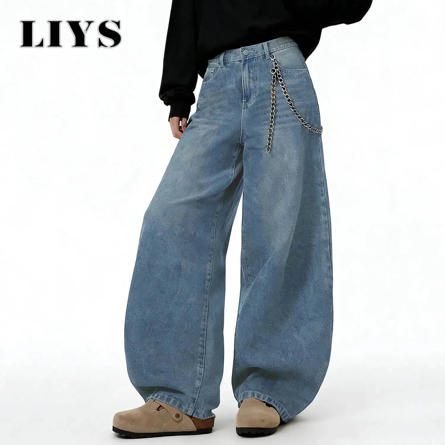 LIYS American Retro baggy wide-leg jeans with chain, light blue distressed denim, unisex