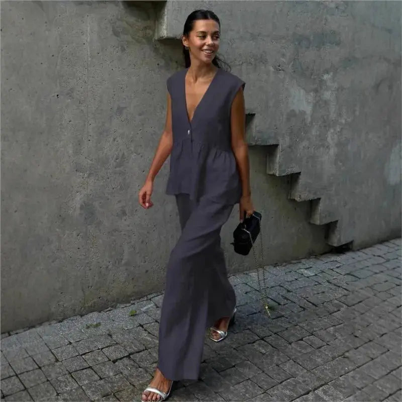 Women Sleeveless V Neck Top Two Piece Summer Set With Straight Pants