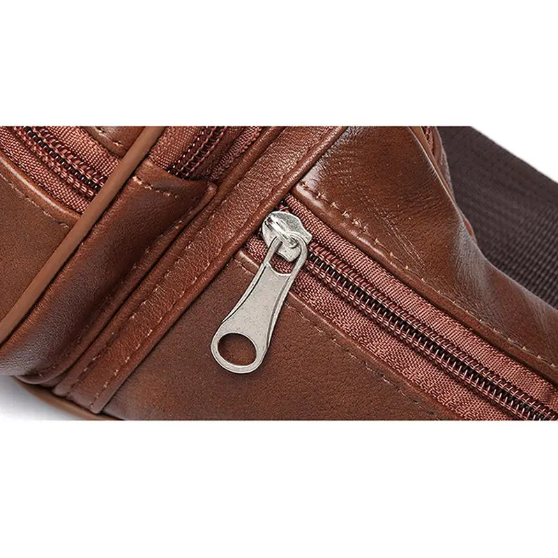 Men's brown PU leather waist bag with silver zipper