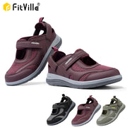 FitVille women's Mary Jane sandals with widened toe in burgundy, breathable mesh and Velcro straps, six color options