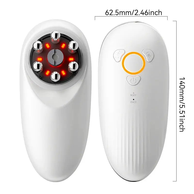 Face and body sculpting massager, white handheld device with circular LED-roller head and control panel.