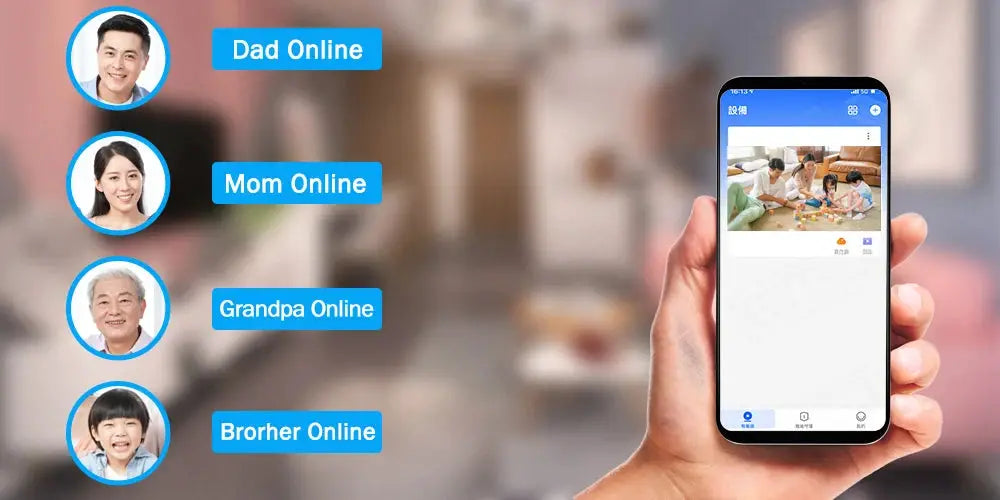 Outdoor Wifi PTZ Camera 4K 8MP dual-lens AI tracking, smartphone app view with online family icons