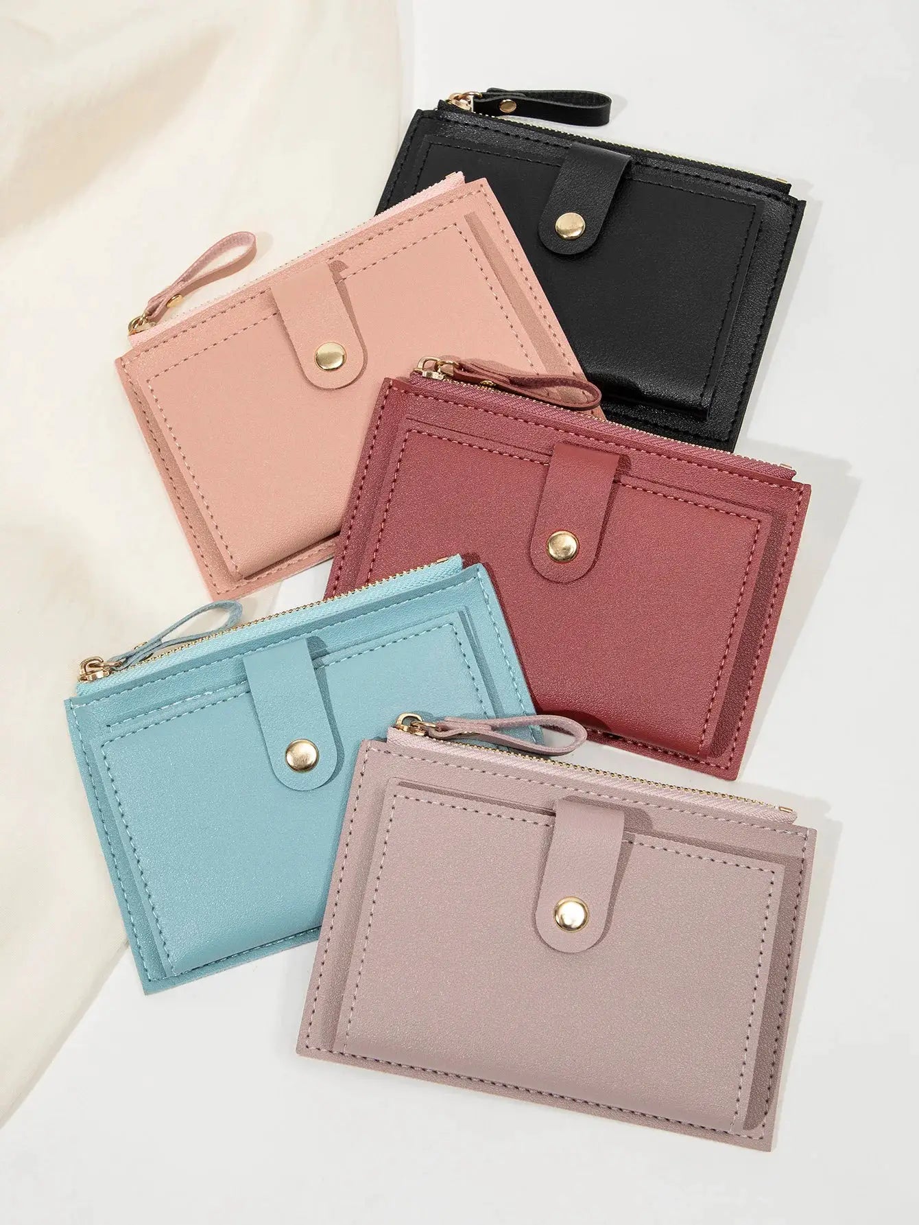 Set of 6 minimalist women's ultra-thin PU leather card wallets with snap strap