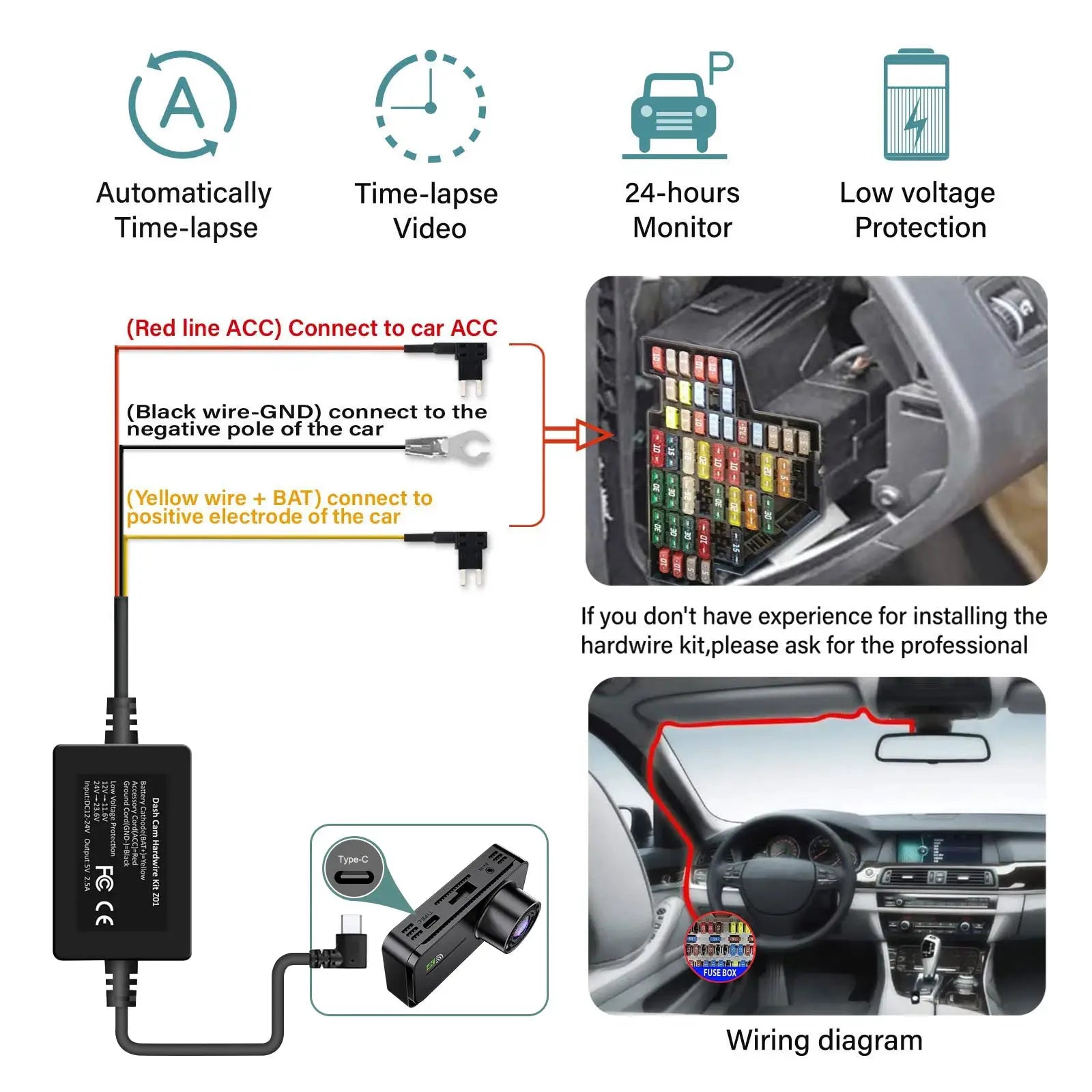 Dash Cam for cars by Simples Market, 4K front/rear recording, HDR night vision, Wi‑Fi, 24h parking mode, wiring diagram