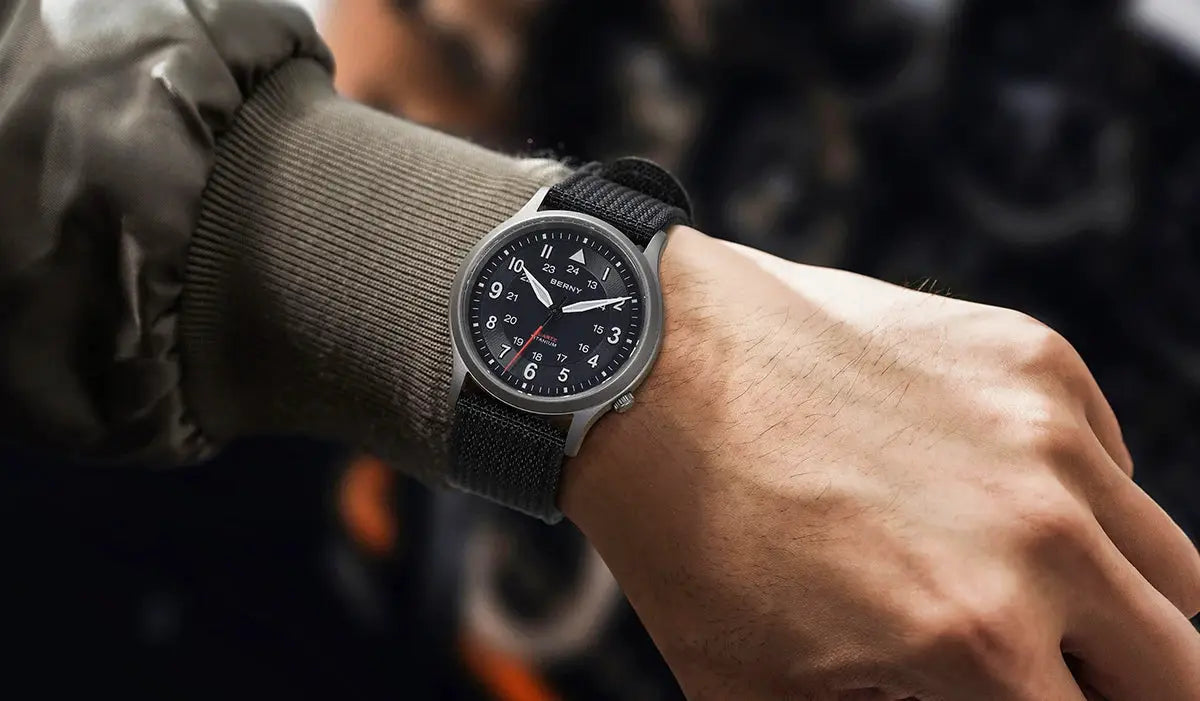 BERNY Titanium Men’s Field Watch on black fabric strap with easy-read dial, luminous hands, sapphire crystal, 5ATM
