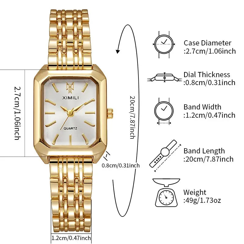 Gold-tone rectangular women's wristwatch with stainless steel link band and XIMILI logo dial