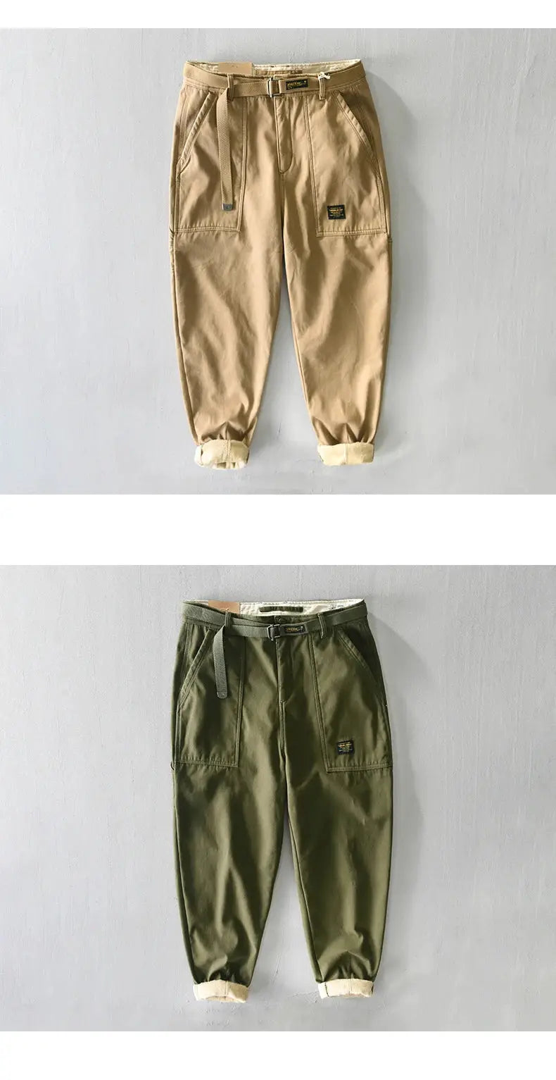 HIQOR winter cargo pants, 2 pairs in tan and olive, 100% cotton fleece, cargo pockets with belt, Simples Market