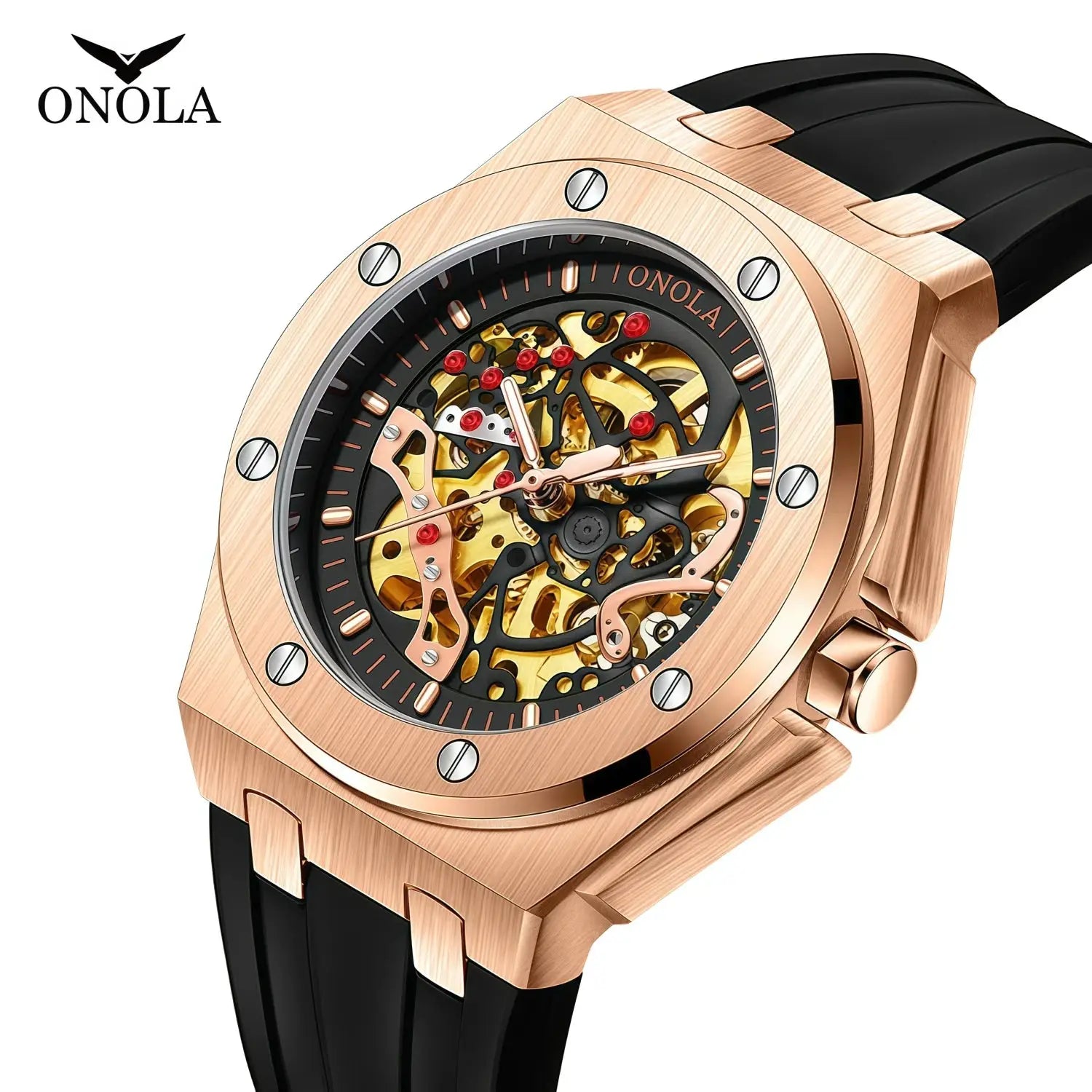 ONOLA men's skeleton wristwatch with rose-gold case and black strap, automatic