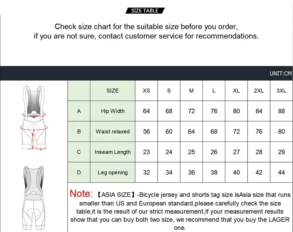YKYWBIKE cycling jersey set size chart by Simples Market showing hip width, waist, inseam length and leg opening