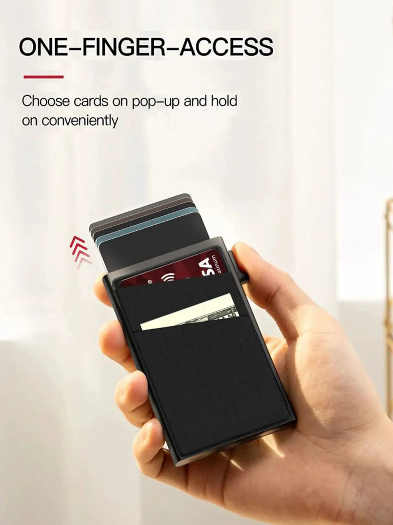 Simples Market anti-theft card protector wallet in black aluminum case with RFID protection, holding four cards.