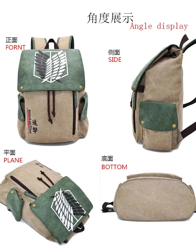 Backpack with Attack on Titan wings emblem, beige canvas body and green flap, Simples Market