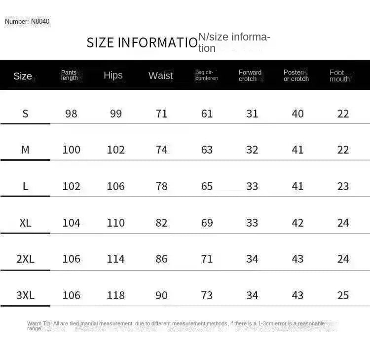 Jeans size chart showing S–3XL measurements for pants length, hips, waist, leg circumference, and foot mouth