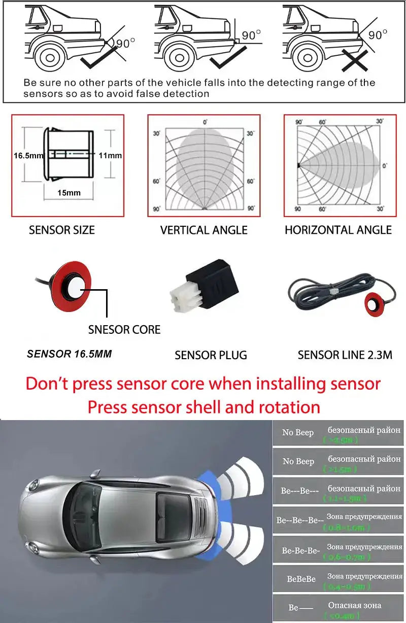 Simples Market 12V 16.5mm flat-probe parking sensor kit with 4 sensors and buzzer