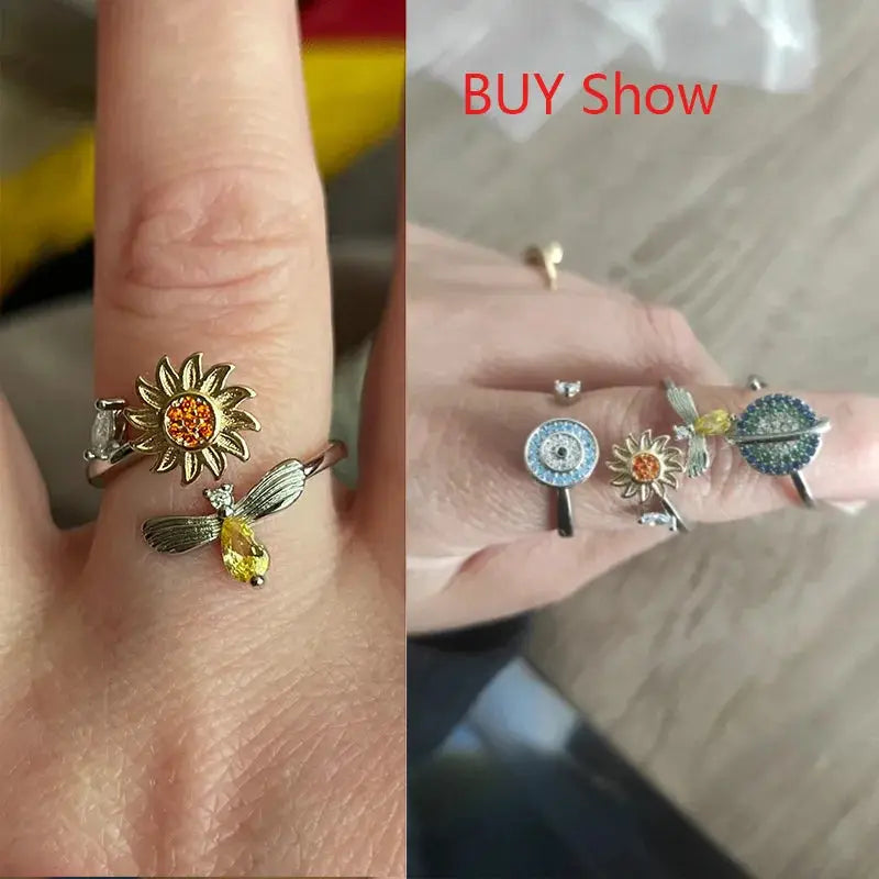 Stainless Steel Spinner Ring For Women Sunflower Motif Anti Stress Anxiety Fidget Jewelry Gift Dropshipping