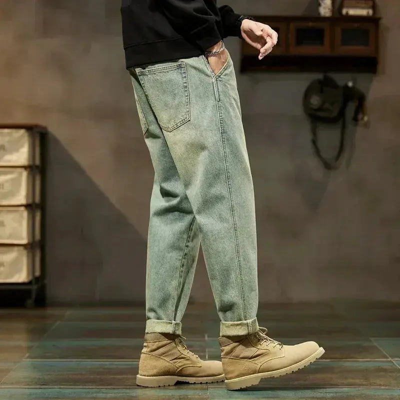 Men's loose denim harem pants by Simples Market, light blue retro straight cargo jeans with rolled cuffs