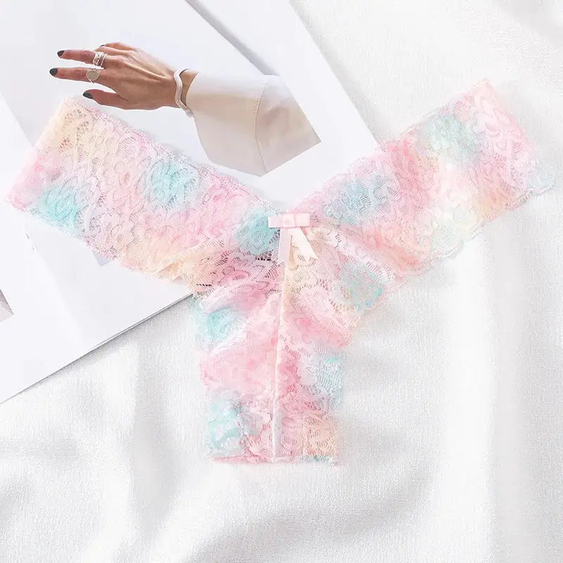 Womens pastel rainbow lace thong underwear with bow detail Simples Market