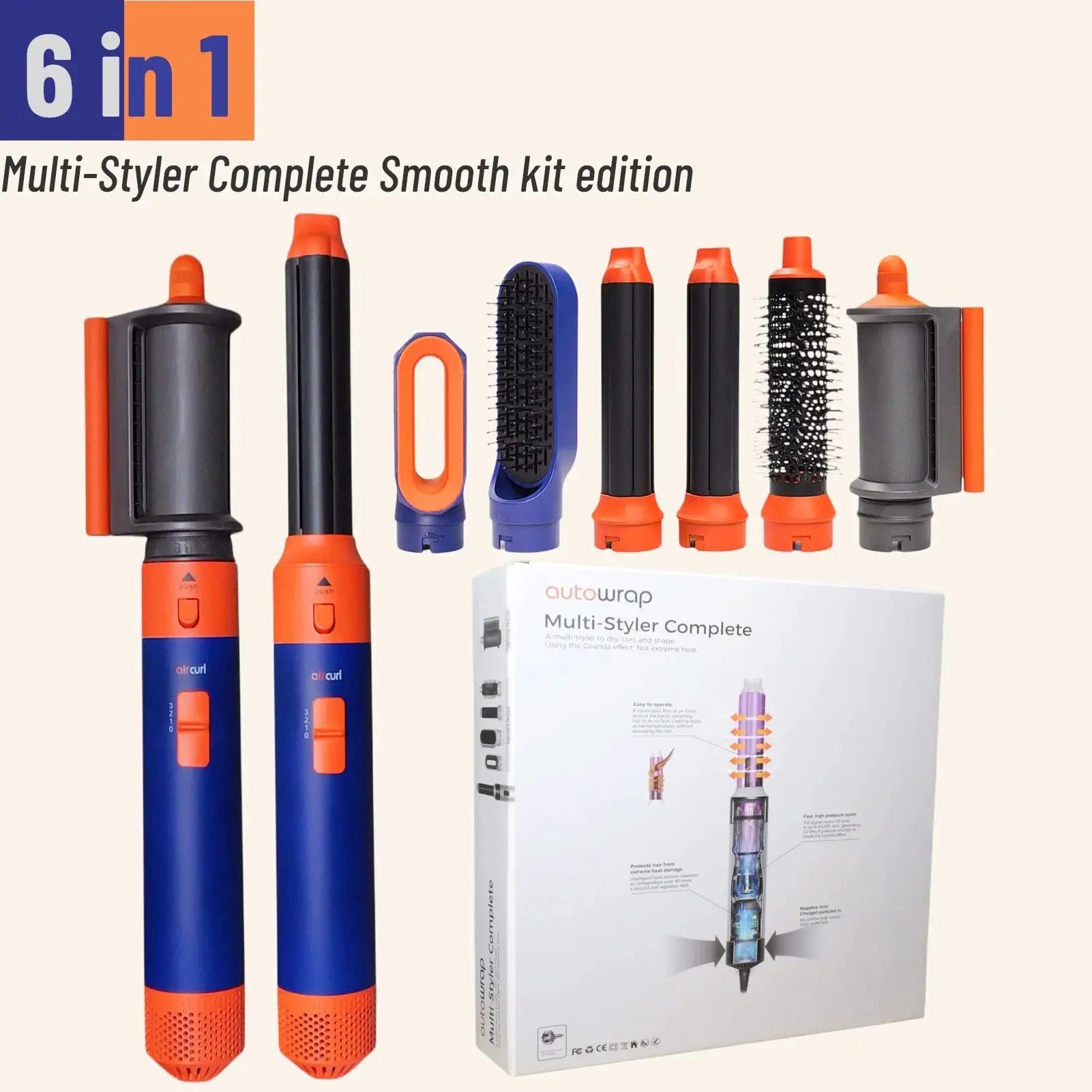 6-in-1 hair styler by Simples Market with blue and orange handles and curling barrel attachments
