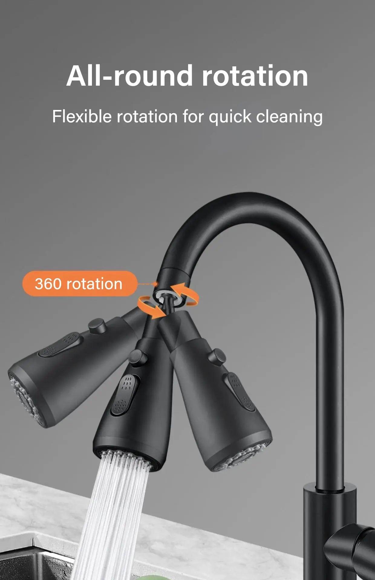 Simples Market 3-in-1 kitchen faucet extender with 360° rotation pull-out spray heads in black finish
