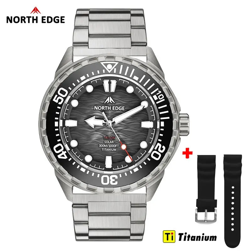 North Edge Triton-TI titanium diving watch with black dial and rotating bezel; includes extra black strap