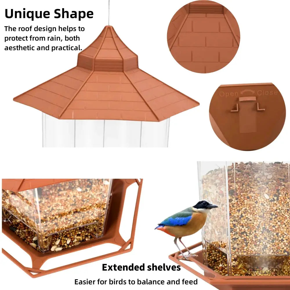 Simples Market automatic bird feeder with brown gazebo roof, hanging hook, clear seed reservoir and extended shelves.
