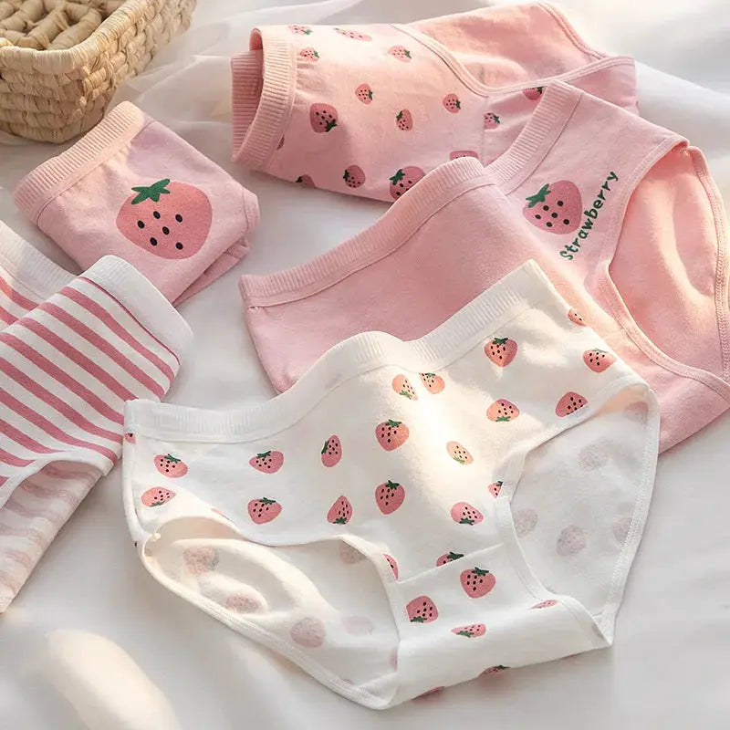 5-piece cotton panties set with pink and white strawberry prints, mid-waist briefs